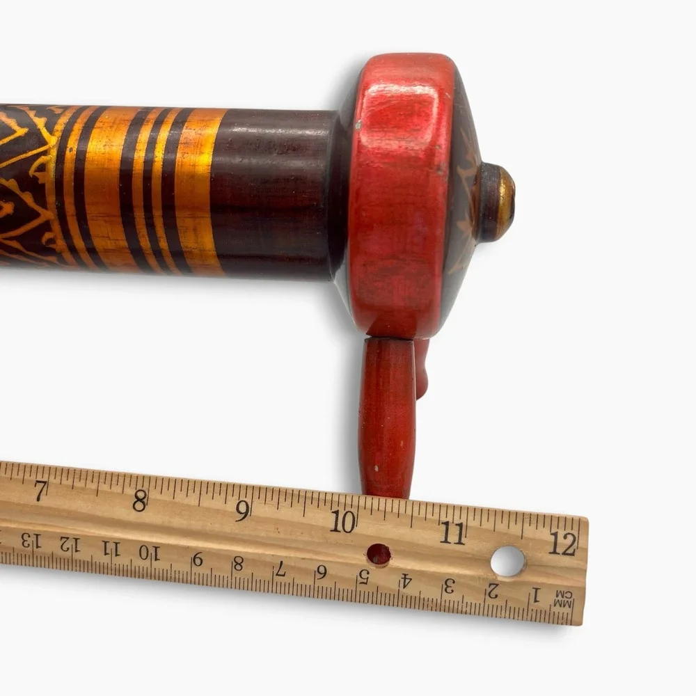 Vintage Handcrafted Lacquered Wood Foot Stool Rolling Pin Red Gold